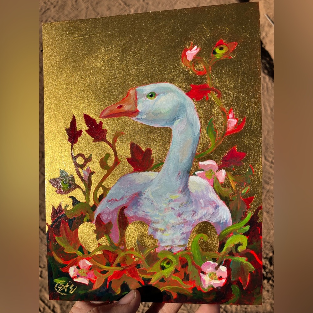 Golden Goose original painting Art Gold Floral Unique gift mythical Artettina